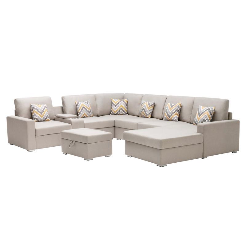 Nolan Beige Linen Fabric 8Pc Reversible Chaise Sectional Sofa with Interchangeable Legs and Pillows, Storage Ottoman, and a USB, Charging Ports, Cupholders, Storage Console Table. Picture 7