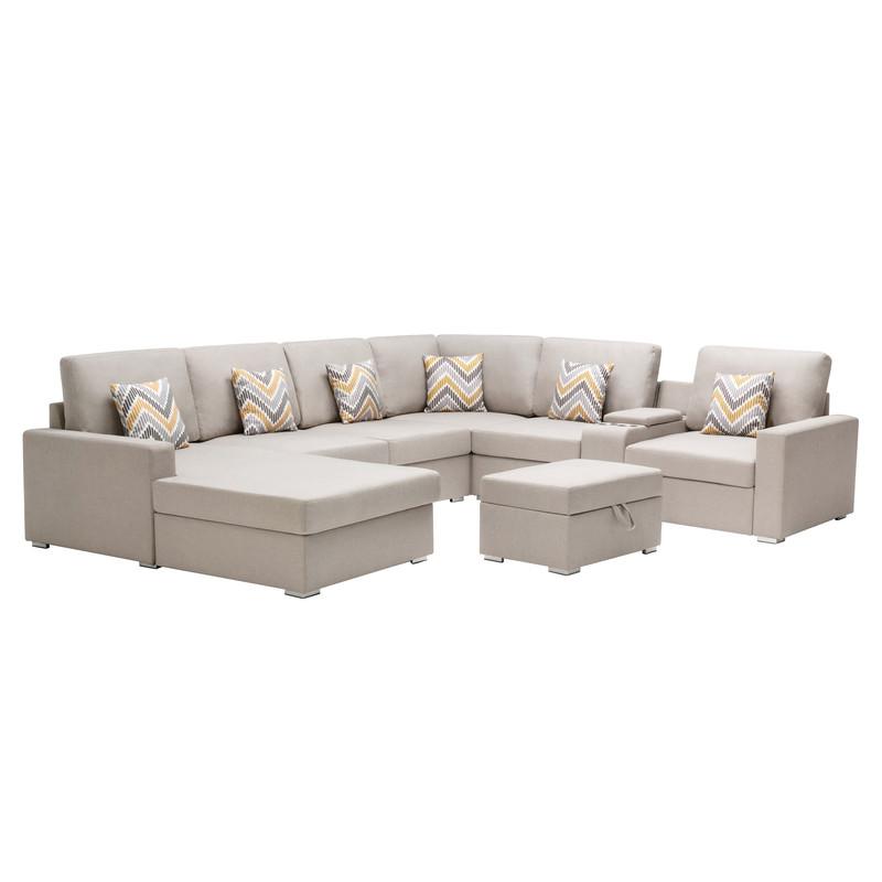 Nolan Beige Linen Fabric 8Pc Reversible Chaise Sectional Sofa with Interchangeable Legs and Pillows, Storage Ottoman, and a USB, Charging Ports, Cupholders, Storage Console Table. Picture 1