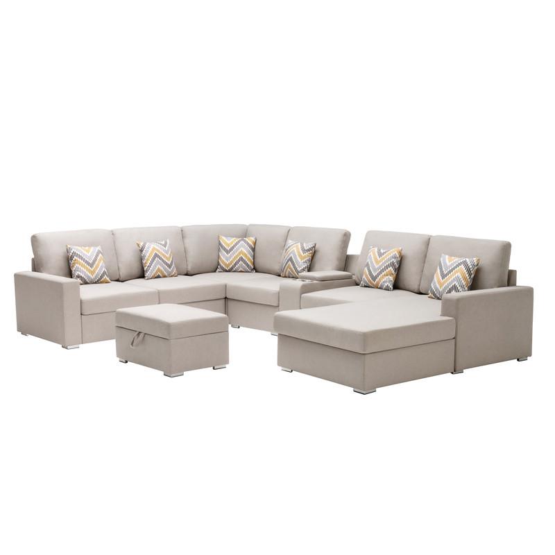 Nolan Beige Linen Fabric 8Pc Reversible Chaise Sectional Sofa with Interchangeable Legs, Pillows, Storage Ottoman, and a USB, Charging Ports, Cupholders, Storage Console Table. Picture 7