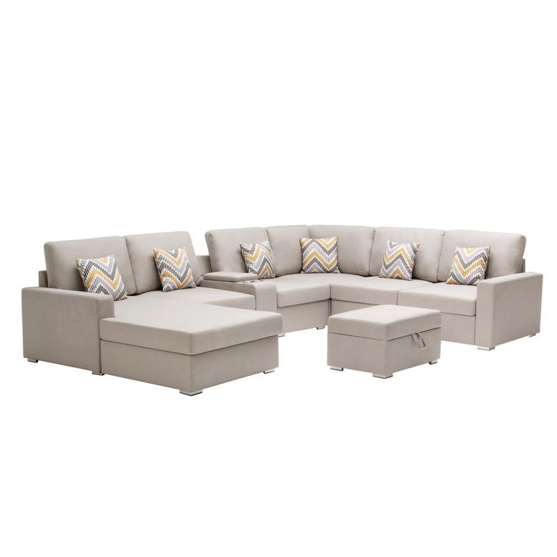 Nolan Beige Linen Fabric 8Pc Reversible Chaise Sectional Sofa with Interchangeable Legs, Pillows, Storage Ottoman, and a USB, Charging Ports, Cupholders, Storage Console Table. Picture 1