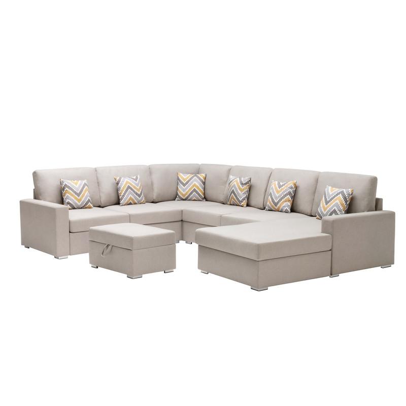 Nolan Beige Linen Fabric 7Pc Reversible Chaise Sectional Sofa with Interchangeable Legs, Pillows and Storage Ottoman. Picture 7
