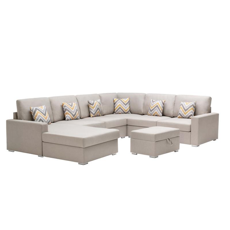 Nolan Beige Linen Fabric 7Pc Reversible Chaise Sectional Sofa with Interchangeable Legs, Pillows and Storage Ottoman. Picture 1
