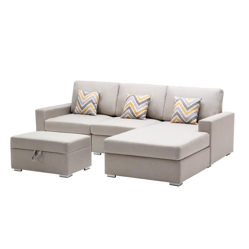 Nolan Beige Linen Fabric 4Pc Reversible Sofa Chaise with Interchangeable Legs, Storage Ottoman, and Pillows. Picture 1