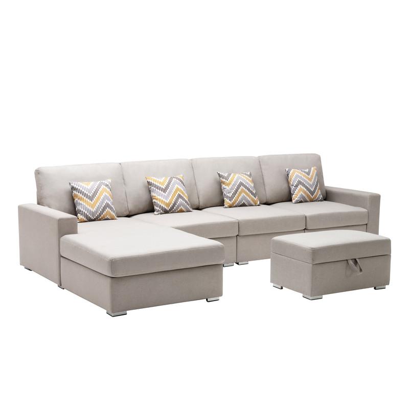 Nolan Beige Linen Fabric 5Pc Reversible Sofa Chaise with Interchangeable Legs, Storage Ottoman, and Pillows. Picture 7