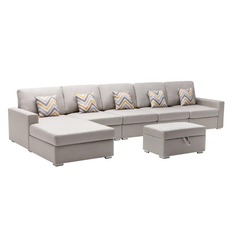 Nolan Beige Linen Fabric 6 Pc Reversible Sectional Sofa Chaise with Interchangeable Legs, Pillows and Storage Ottoman. Picture 7