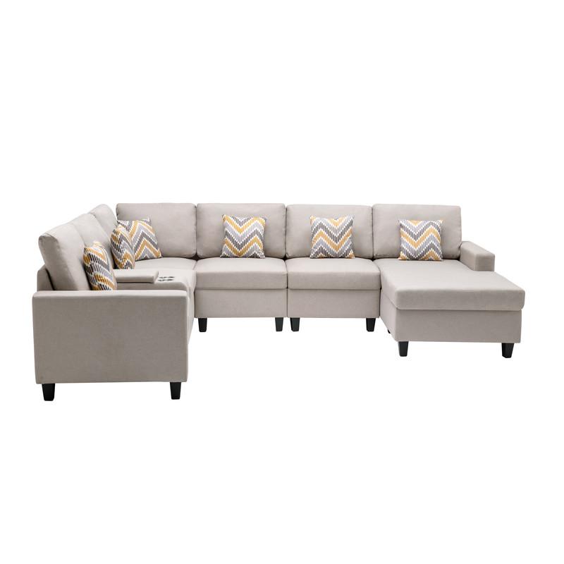 Nolan Beige Linen Fabric 7 Pc Reversible Chaise Sectional Sofa with a USB, Charging Ports, Cupholders, Storage Console Table and Pillows and Interchangeable Legs. Picture 7