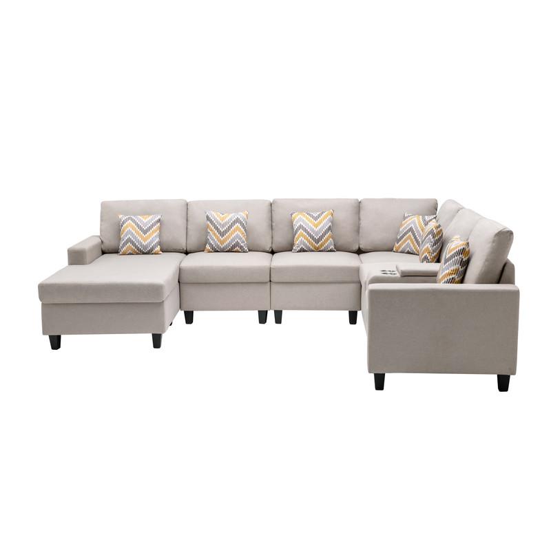 Nolan Beige Linen Fabric 7-Pc Reversible Chaise Sectional Sofa with a USB, Charging Ports, Cupholders, Storage Console Table and Pillows and Interchangeable Legs. Picture 7