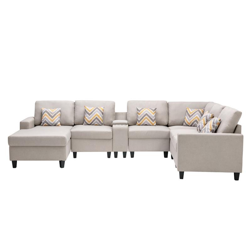 Nolan Beige Linen Fabric 7Pc Reversible Chaise Sectional Sofa with a USB, Charging Ports, Cupholders, Storage Console Table and Pillows and Interchangeable Legs. Picture 7