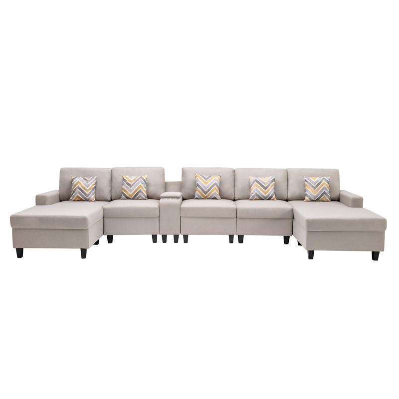 Nolan Beige Linen Fabric 6Pc Double Chaise Sectional Sofa with Interchangeable Legs, a USB, Charging Ports, Cupholders, Storage Console Table and Pillows. Picture 7