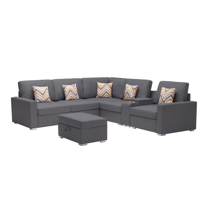 Nolan Gray Linen Fabric 7-Pc Reversible Sectional Sofa with Interchangeable Legs, Pillows, Storage Ottoman, and a USB, Charging Ports, Cupholders, Storage Console Table. Picture 7