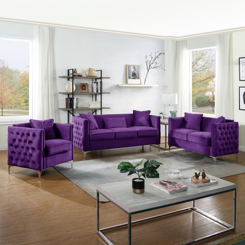 Bayberry Purple Velvet Loveseat with 2 Pillows. Picture 8