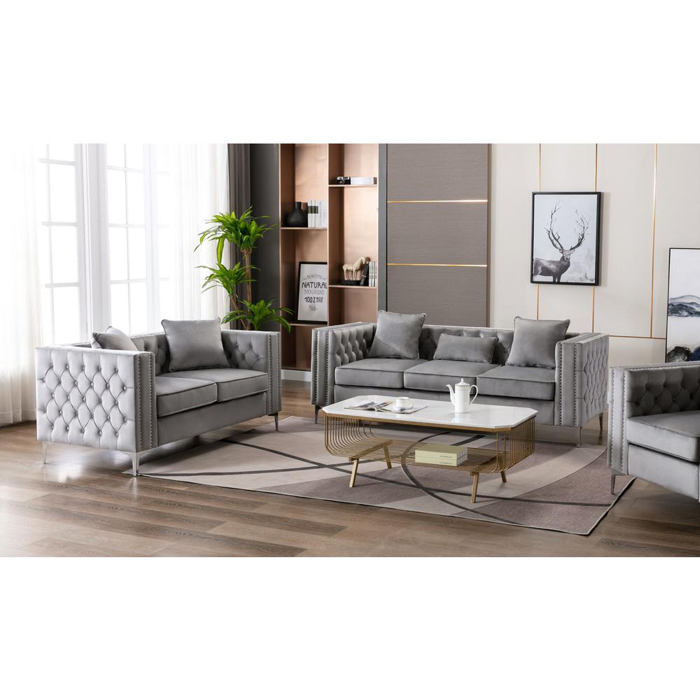 Lorreto Gray Velvet Fabric Sofa Loveseat Living Room Set. Picture 4
