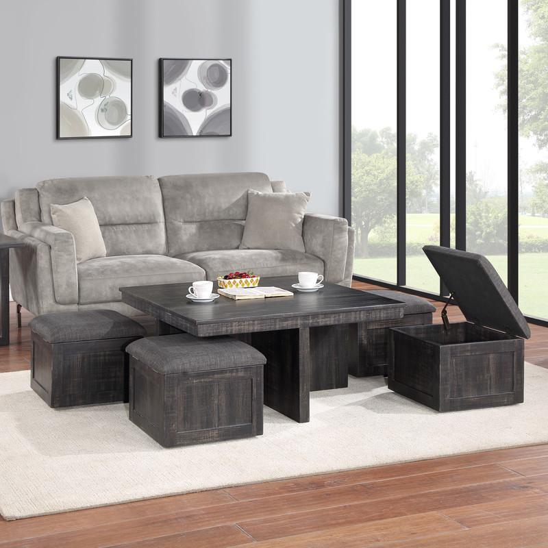Moseberg Gray Oak Coffee Table with Storage Stools and End Table Set. Picture 2
