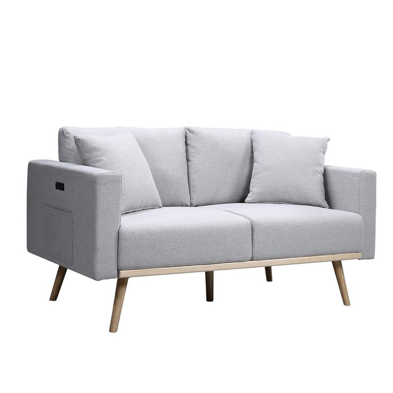 Easton Light Gray Linen Fabric Loveseat with USB Charging Ports Pockets & Pillows. The main picture.
