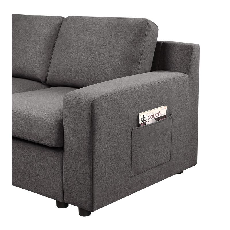 Waylon Gray Linen 7-Seater L-Shape Sectional Sofa with Storage Ottoman and Pockets. Picture 3