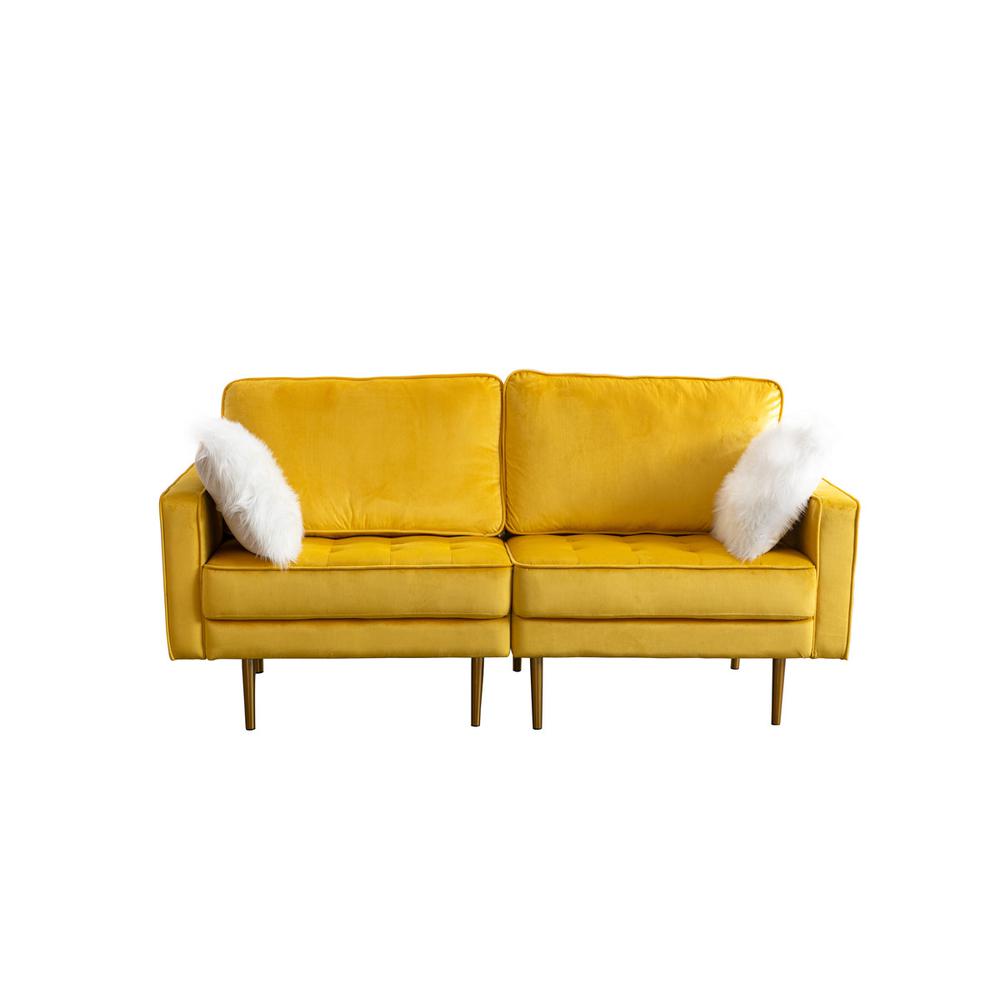 Theo Yellow Velvet Loveseat with Pillows. Picture 1