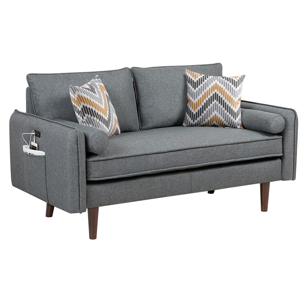 Mia Mid-Century Modern Gray Linen Loveseat Couch with USB Charging Ports & Pillows. The main picture.