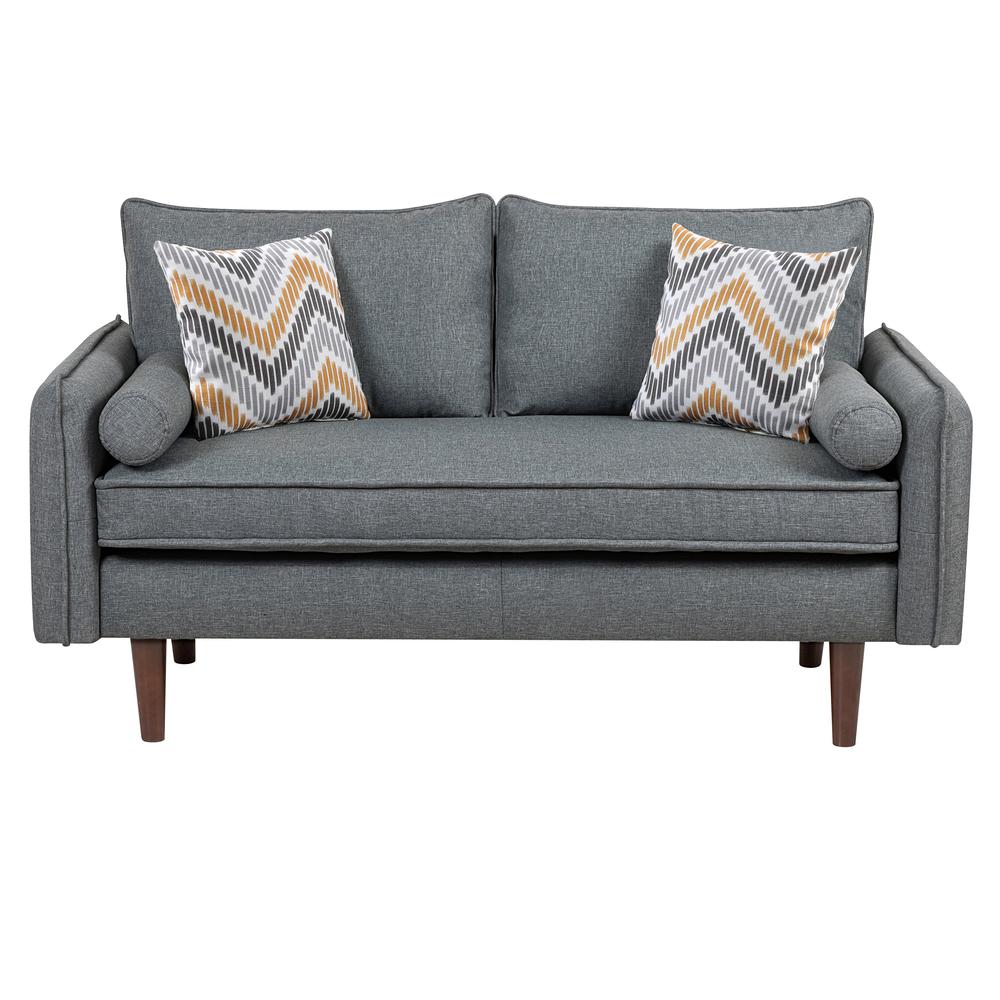Mia Mid-Century Modern Gray Linen Loveseat Couch with USB Charging Ports & Pillows. Picture 2