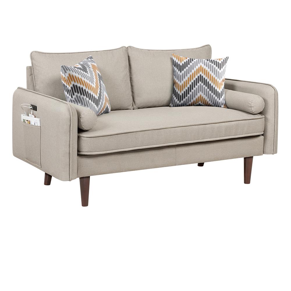 Mia Mid-Century Modern Beige Linen Loveseat Couch with USB Charging Ports & Pillows. The main picture.