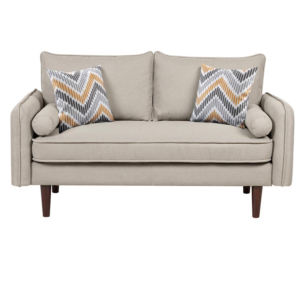 Mia Mid-Century Modern Beige Linen Loveseat Couch with USB Charging Ports & Pillows. Picture 2