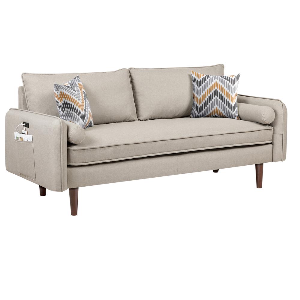 Mia Mid-Century Modern Beige Linen Sofa Couch with USB Charging Ports & Pillows. The main picture.
