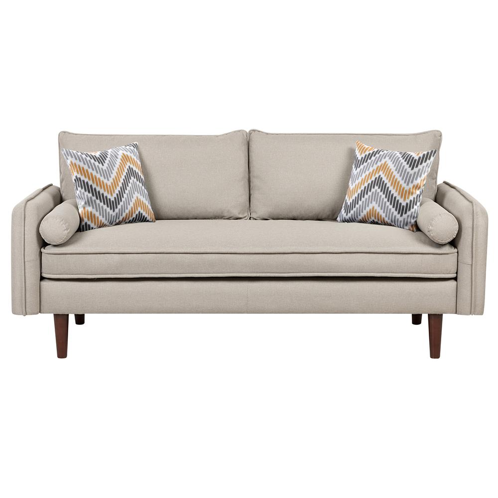 Mia Mid-Century Modern Beige Linen Sofa Couch with USB Charging Ports & Pillows. Picture 2