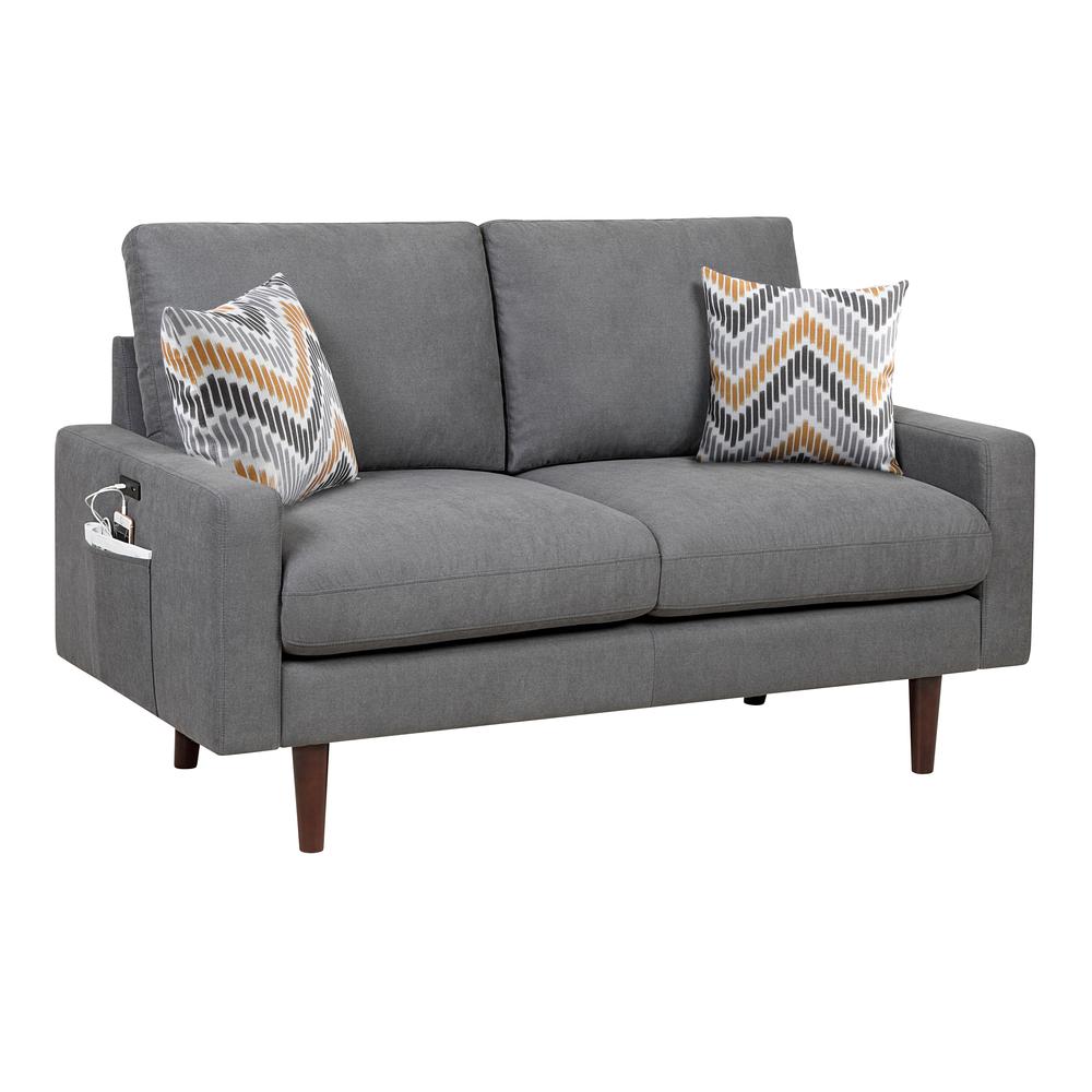 Abella Mid-Century Modern Dark Gray Woven Fabric Loveseat Couch with USB Charging Ports & Pillows. Picture 1