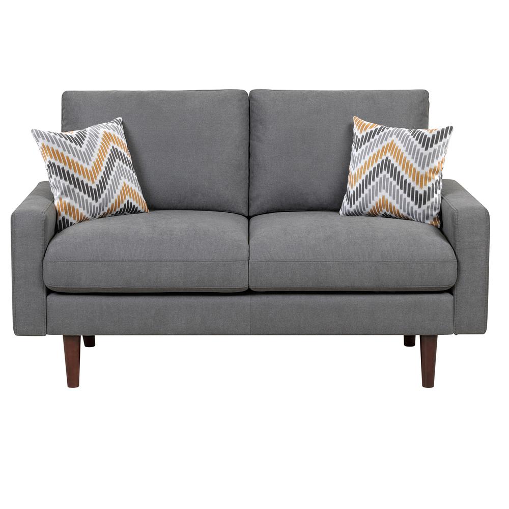 Abella Mid-Century Modern Dark Gray Woven Fabric Loveseat Couch with USB Charging Ports & Pillows. Picture 2