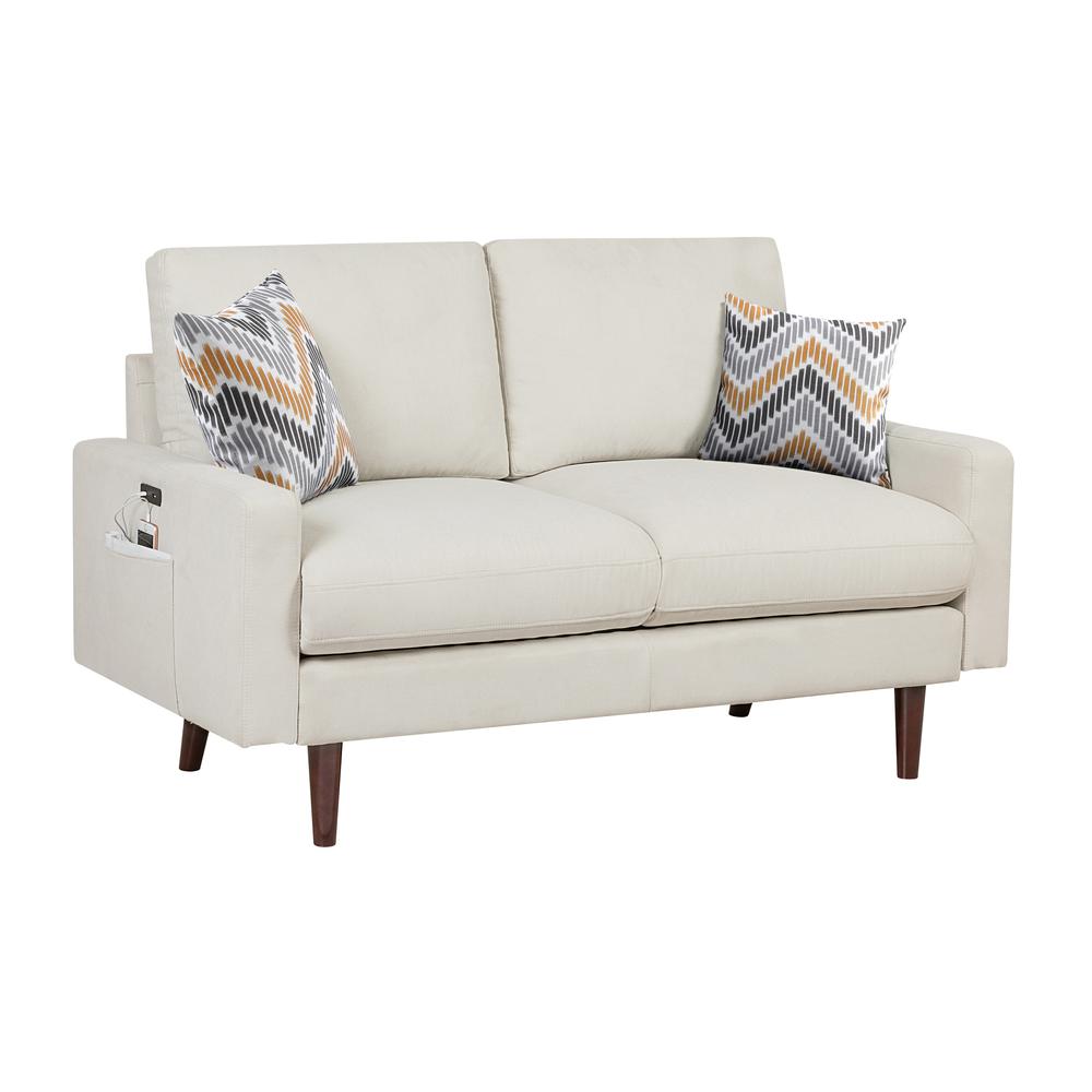 Abella Mid-Century Modern Beige Woven Fabric Loveseat Couch with USB Charging Ports & Pillows. Picture 1