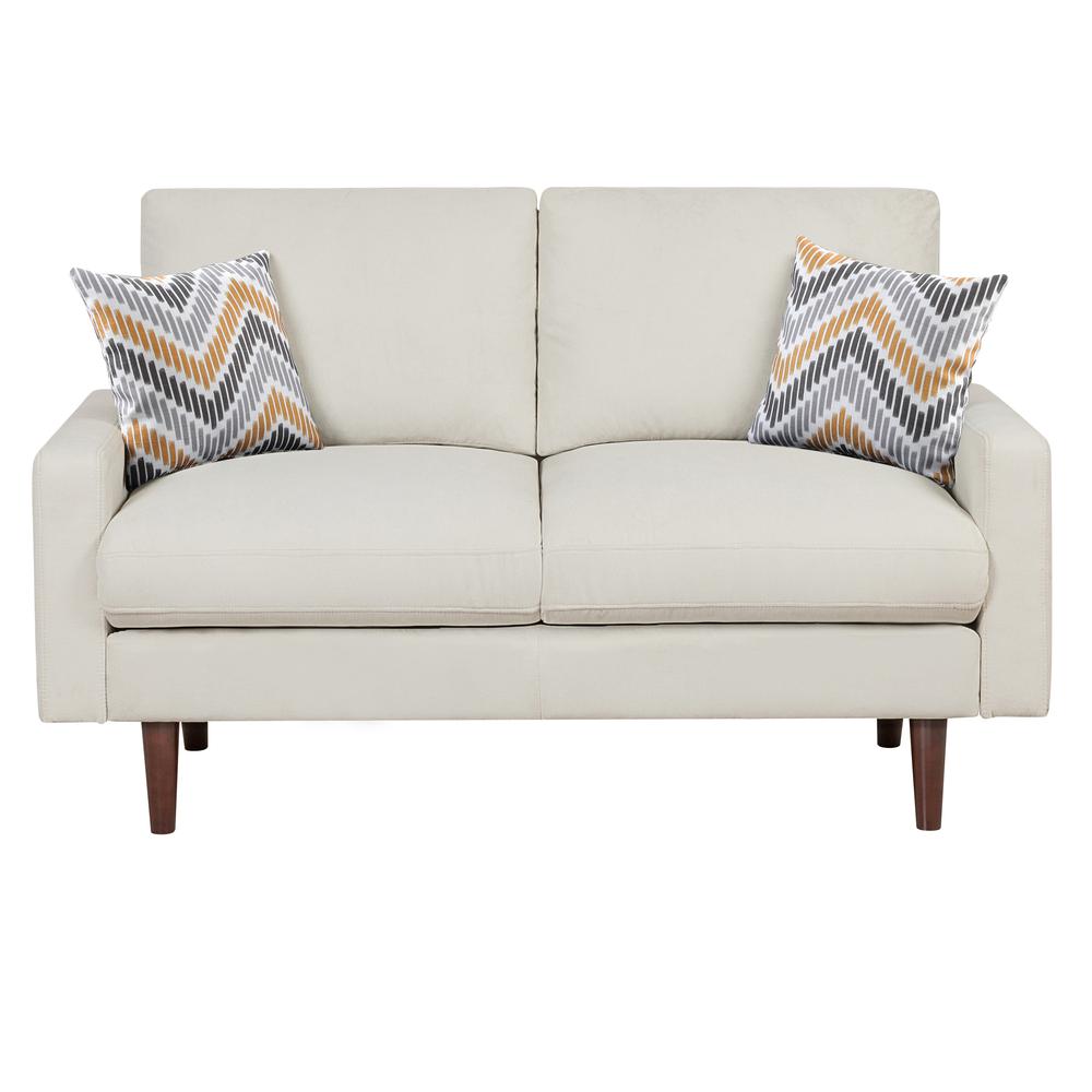 Abella Mid-Century Modern Beige Woven Fabric Loveseat Couch with USB Charging Ports & Pillows. Picture 2