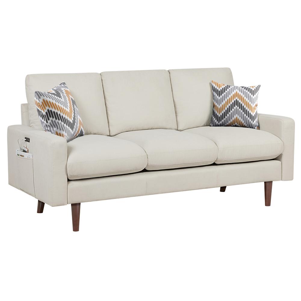 Abella Mid-Century Modern Beige Woven Fabric Sofa Couch with USB Charging Ports & Pillows. Picture 1