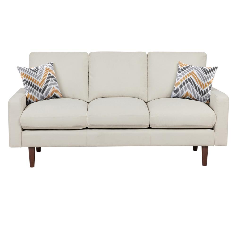 Abella Mid-Century Modern Beige Woven Fabric Sofa Couch with USB Charging Ports & Pillows. Picture 2