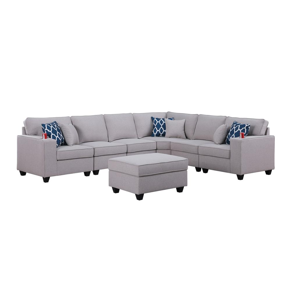 Cooper Light Gray Linen 7-Pc Reversible L-Shape Sectional Sofa with Ottoman and Cupholder. Picture 1