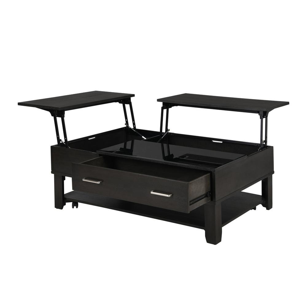 Bruno 2 Piece Ash Gray Wooden Lift Top Coffee and End Table Set with Tempered Glass Top and Drawer. Picture 5
