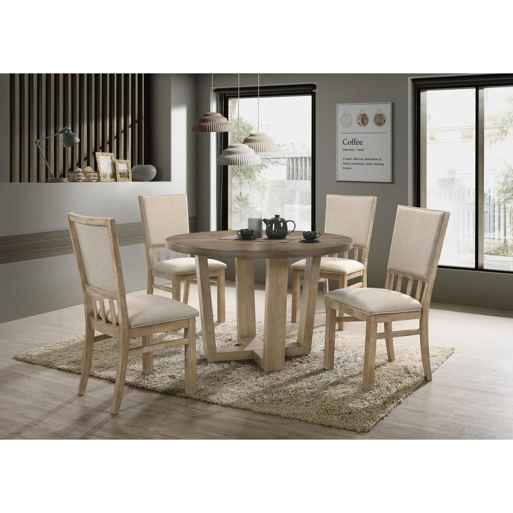 Brutus Vintage Walnut 5 Piece 47" Wide Contemporary Round Dining Table Set with Wheat Colored Fabric Chairs. Picture 1