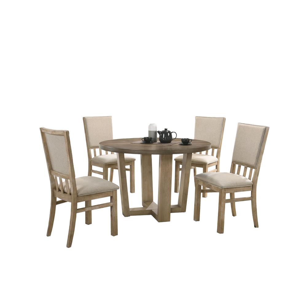 Brutus Vintage Walnut 5 Piece 47" Wide Contemporary Round Dining Table Set with Wheat Colored Fabric Chairs. Picture 2