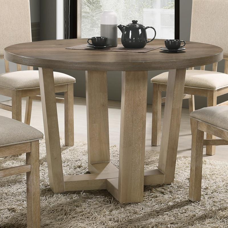 Brutus Vintage Walnut 5 Piece 47" Wide Contemporary Round Dining Table Set with Wheat Colored Fabric Chairs. Picture 3
