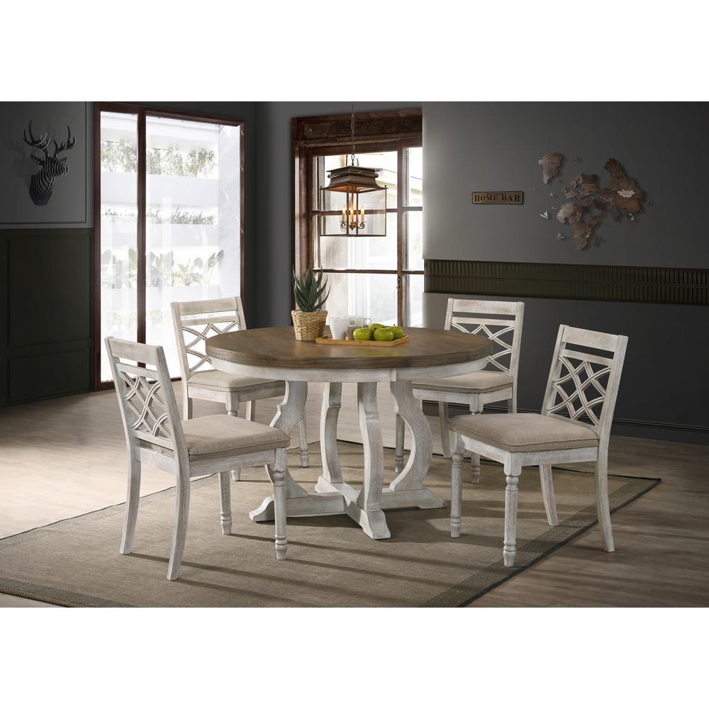Havanna Vintage Walnut 5 Piece 47" Wide Contemporary Round Dining Table Set with Off White Fabric Chairs. Picture 4