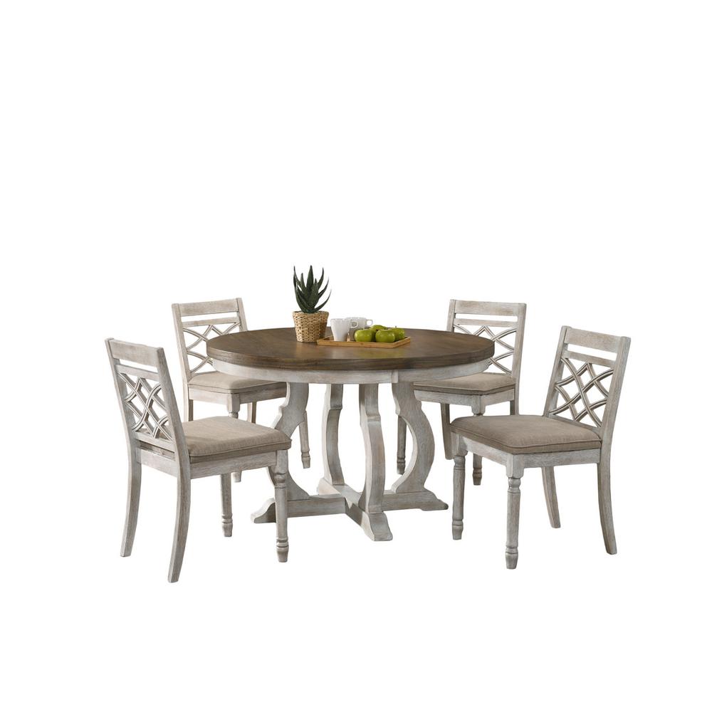 Havanna Vintage Walnut 5 Piece 47" Wide Contemporary Round Dining Table Set with Off White Fabric Chairs. Picture 1