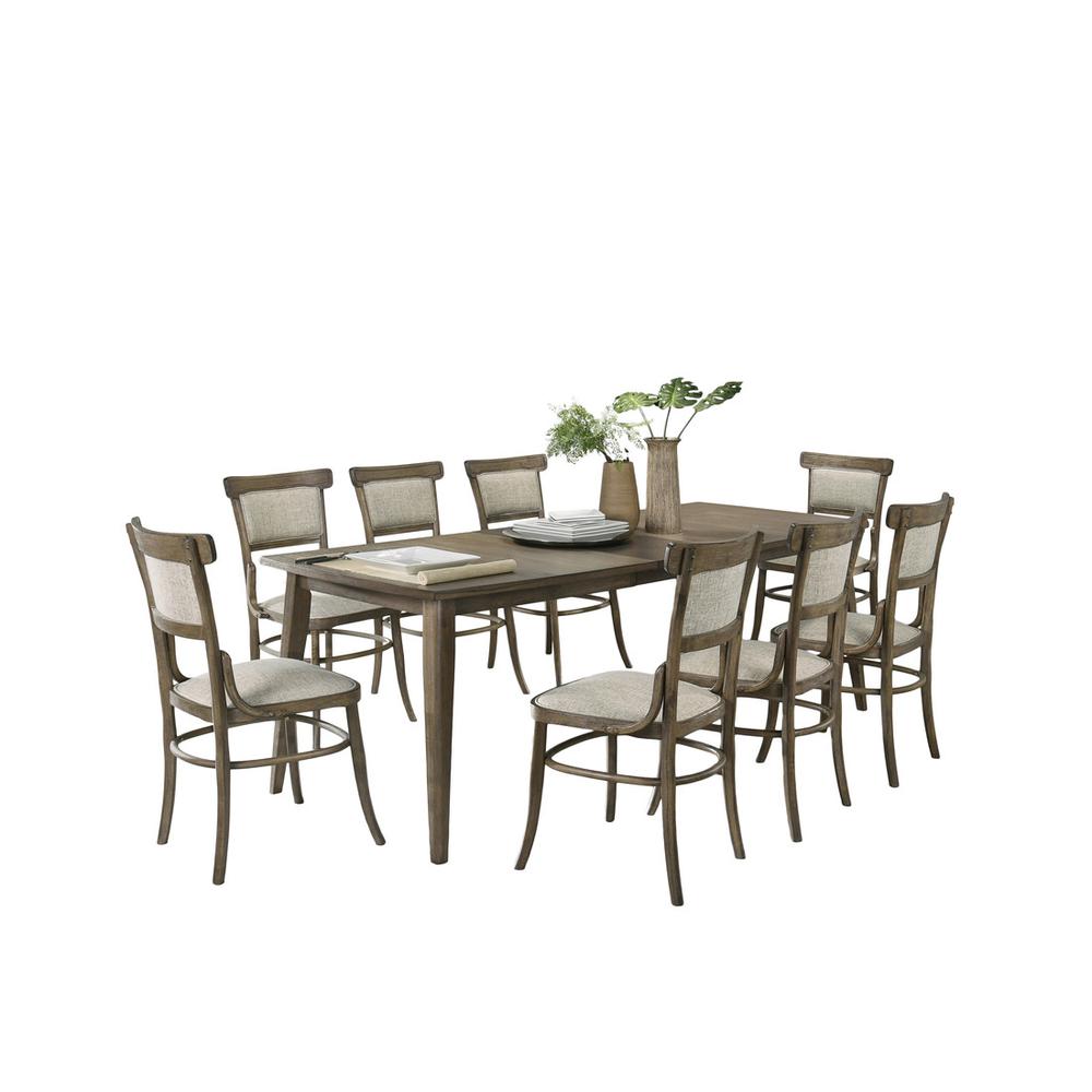 Bistro Vintage Walnut Dining Table with Extension Leaf and Off White Fabric Dining Chairs. Picture 1