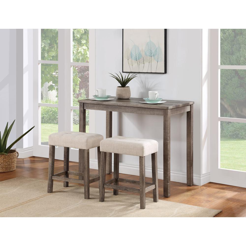 Lux Brown 3 Piece Counter Height 36" Pub Table Set with Tufted Creamy White Linen Stools. Picture 4
