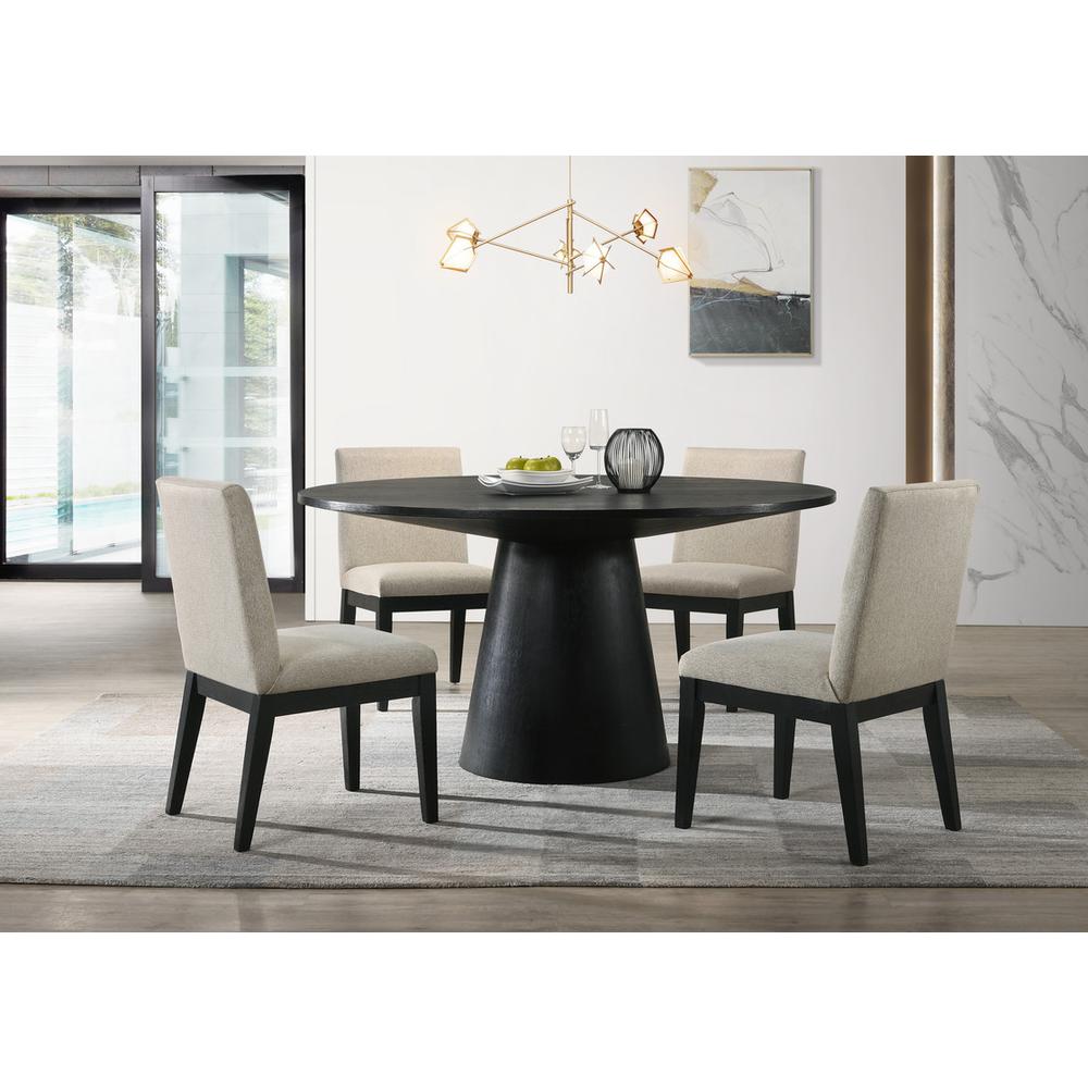 Jasper Ebony Black 5 Piece 59" Wide Contemporary Round Dining Table Set with Beige Fabric Chairs. Picture 1