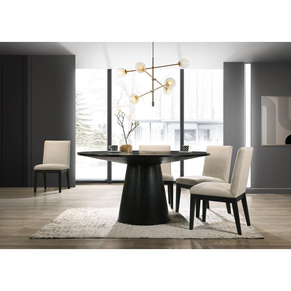 Jasper Ebony Black 5 Piece 59" Wide Contemporary Round Dining Table Set with Beige Fabric Chairs. Picture 3