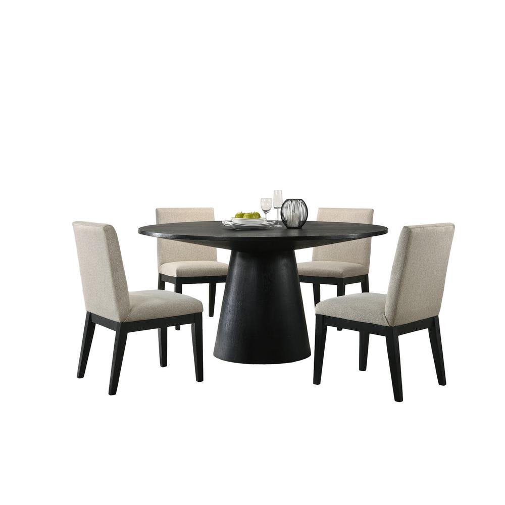 Jasper Ebony Black 5 Piece 59" Wide Contemporary Round Dining Table Set with Beige Fabric Chairs. Picture 2