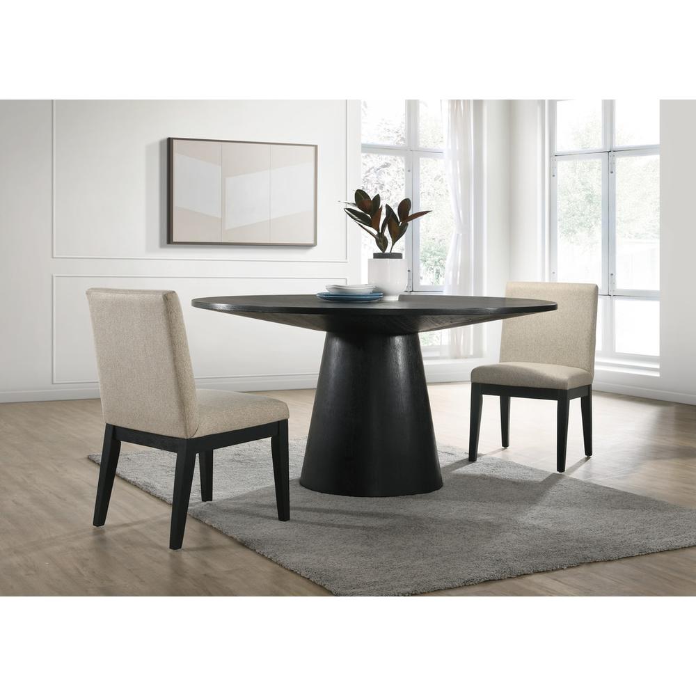 Jasper Ebony Black 3 Piece 59" Wide Contemporary Round Dining Table Set with Beige Fabric Chairs. Picture 4