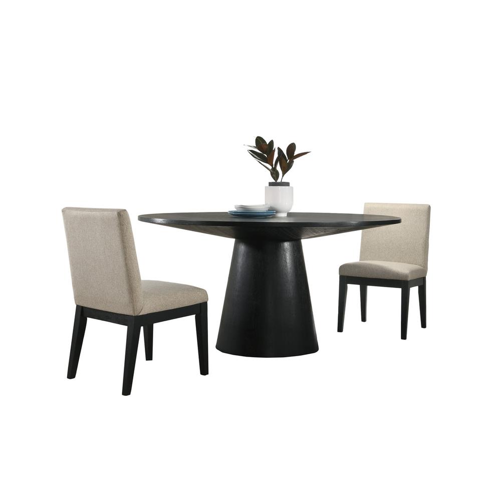 Jasper Ebony Black 3 Piece 59" Wide Contemporary Round Dining Table Set with Beige Fabric Chairs. Picture 1