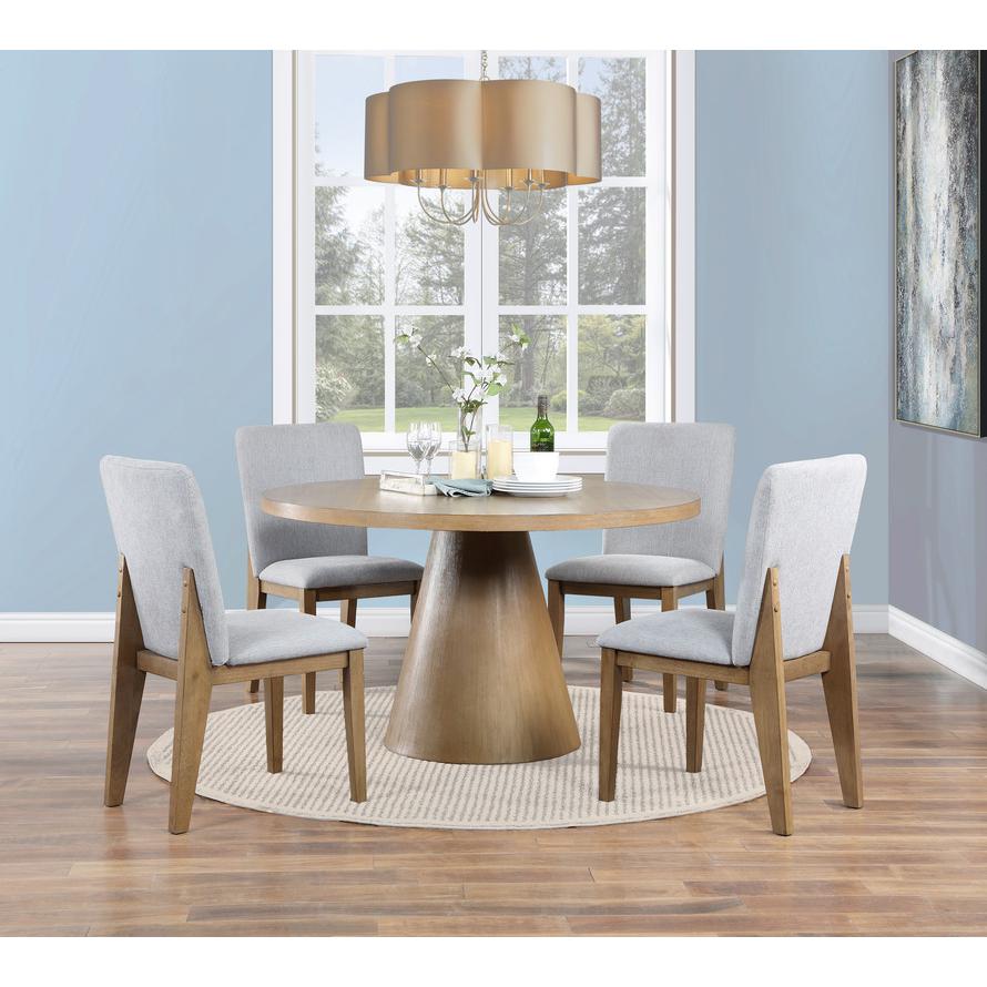 Delphine 5 Piece Round Oak Finish Dining Table Set with Gray Chairs. Picture 4