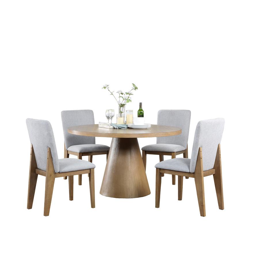 Delphine 5 Piece Round Oak Finish Dining Table Set with Gray Chairs. Picture 1