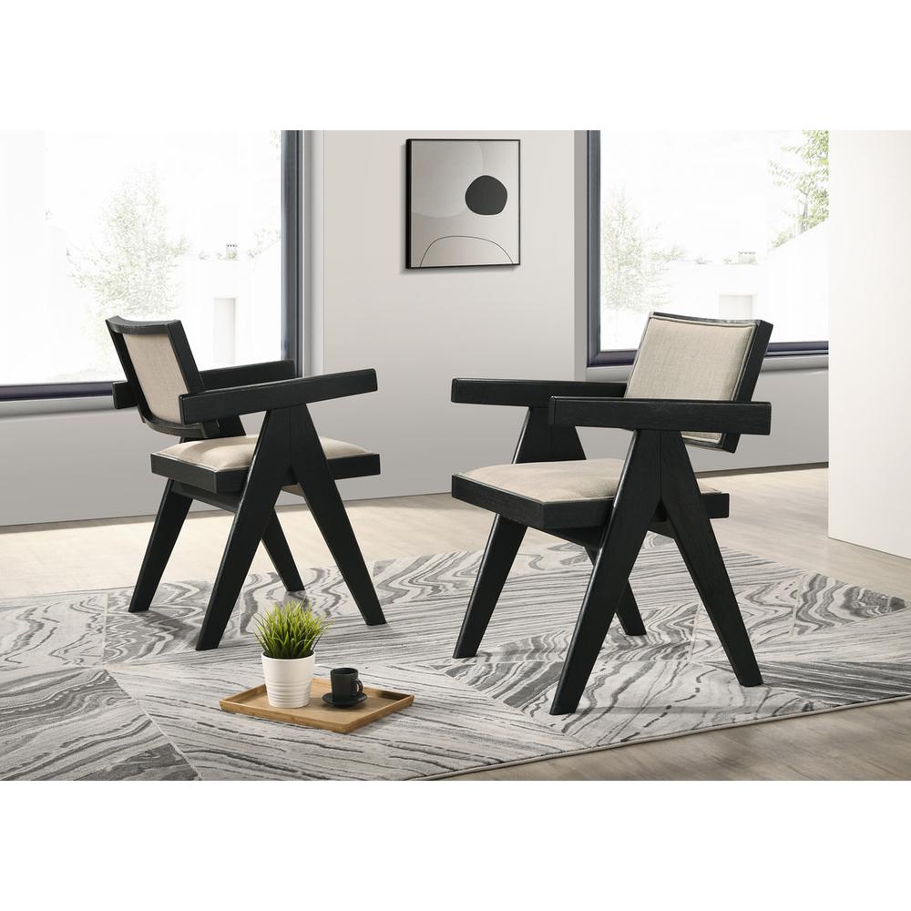 Jasper 21"W Set of 2 Ebony Black Dining Arm Chairs with Beige Upholstered Seat. Picture 4