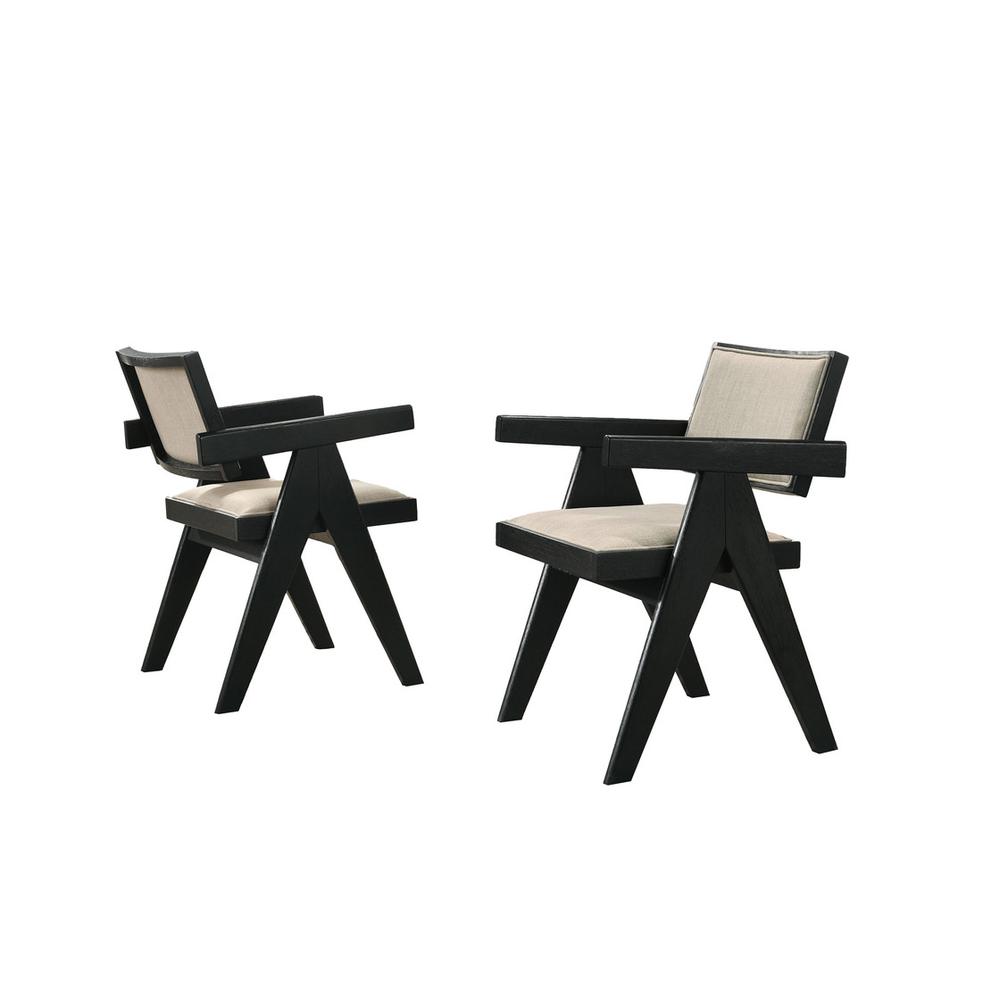 Jasper 21"W Set of 2 Ebony Black Dining Arm Chairs with Beige Upholstered Seat. Picture 1